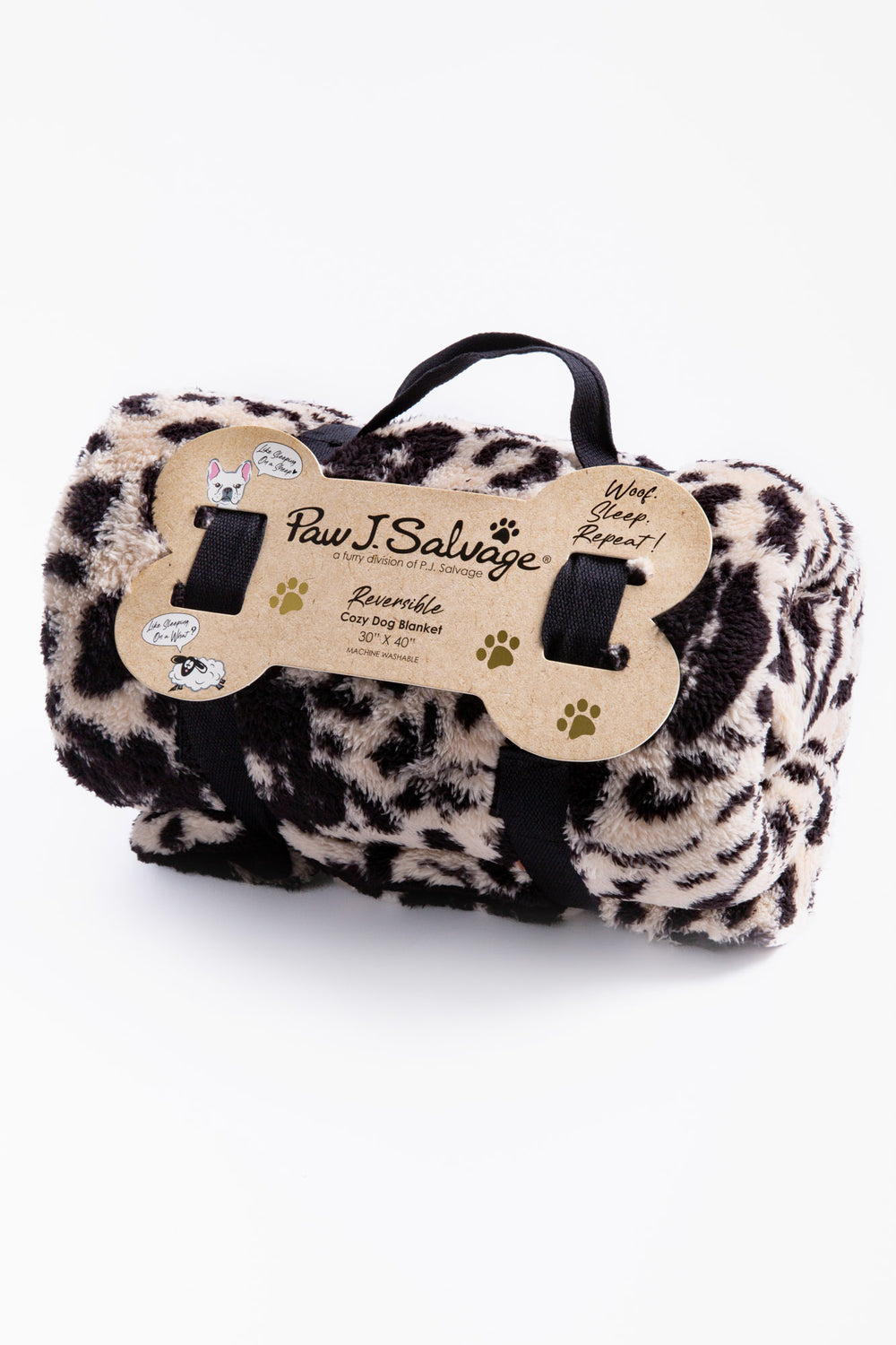 Tan-black leopard printed dog blanket is reversible to dark grey faux shearling back. Rolled in carry strap. (6889064923236)