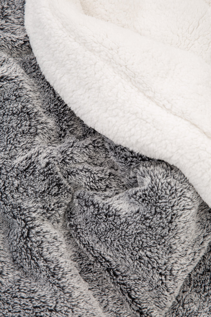 Heather charcoal dog blanket is reversible to dark grey faux shearling back. Rolled in carry strap. (6889064956004)