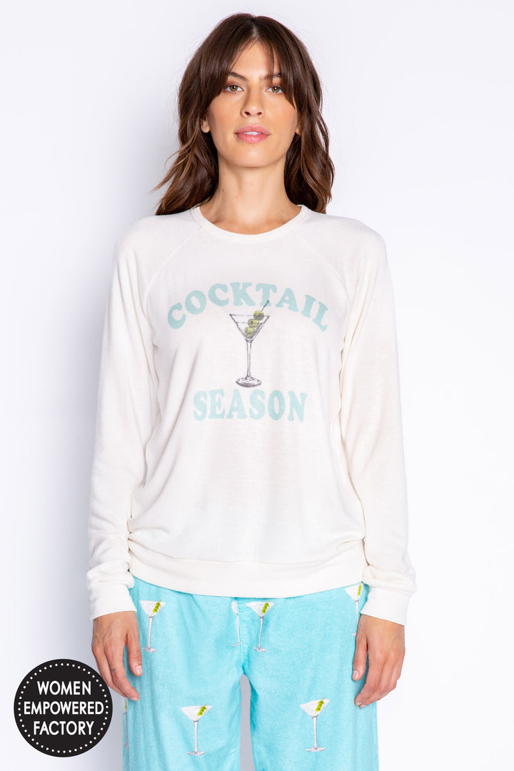 Ivory long sleeve pullover lounge top with mint "Cocktail Season" & martini graphic. Cuffed wrists. (6889064988772)