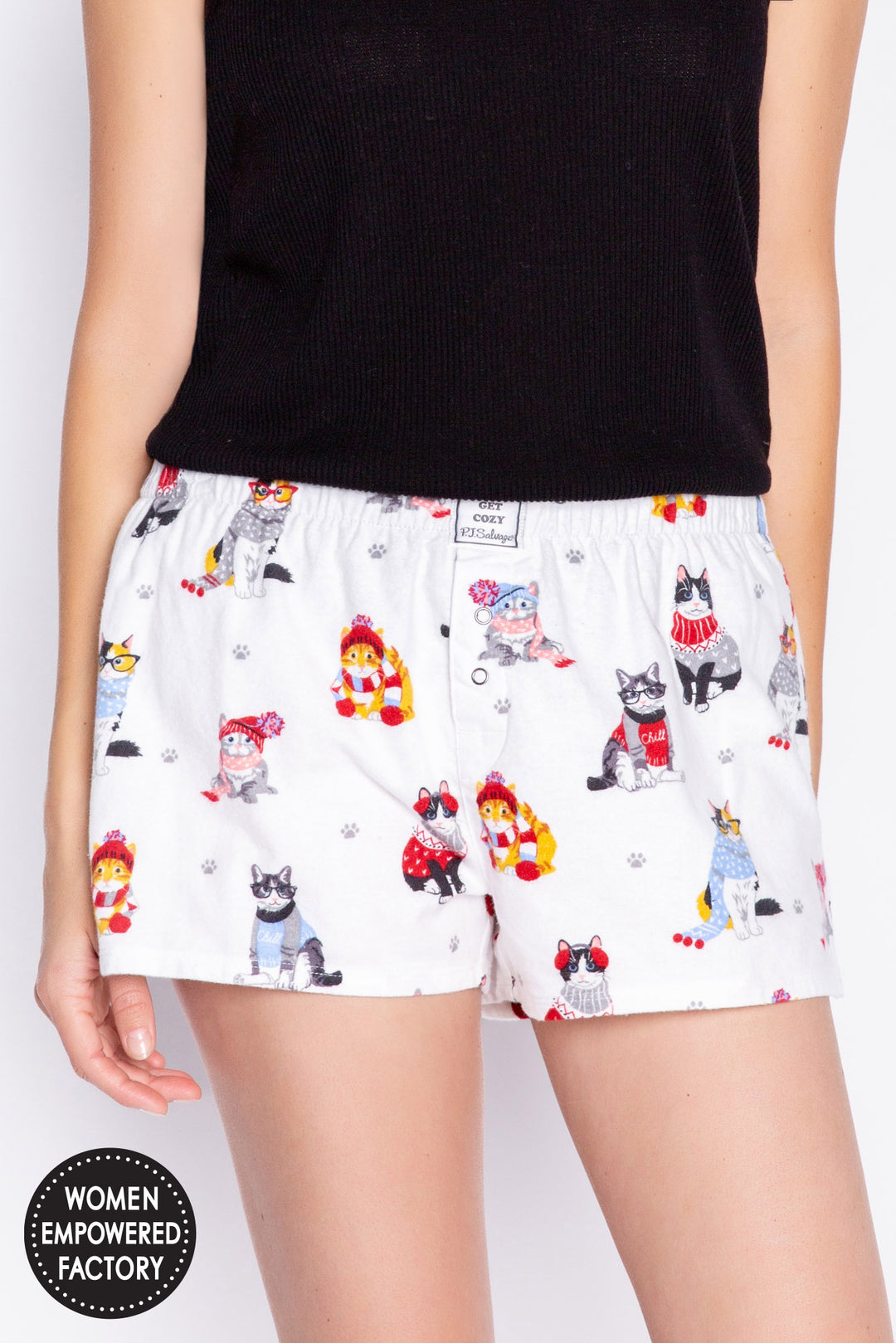 White 100% cotton flannel PJ shorts with cozy cat print. Faux snap fly. (6982897565796)