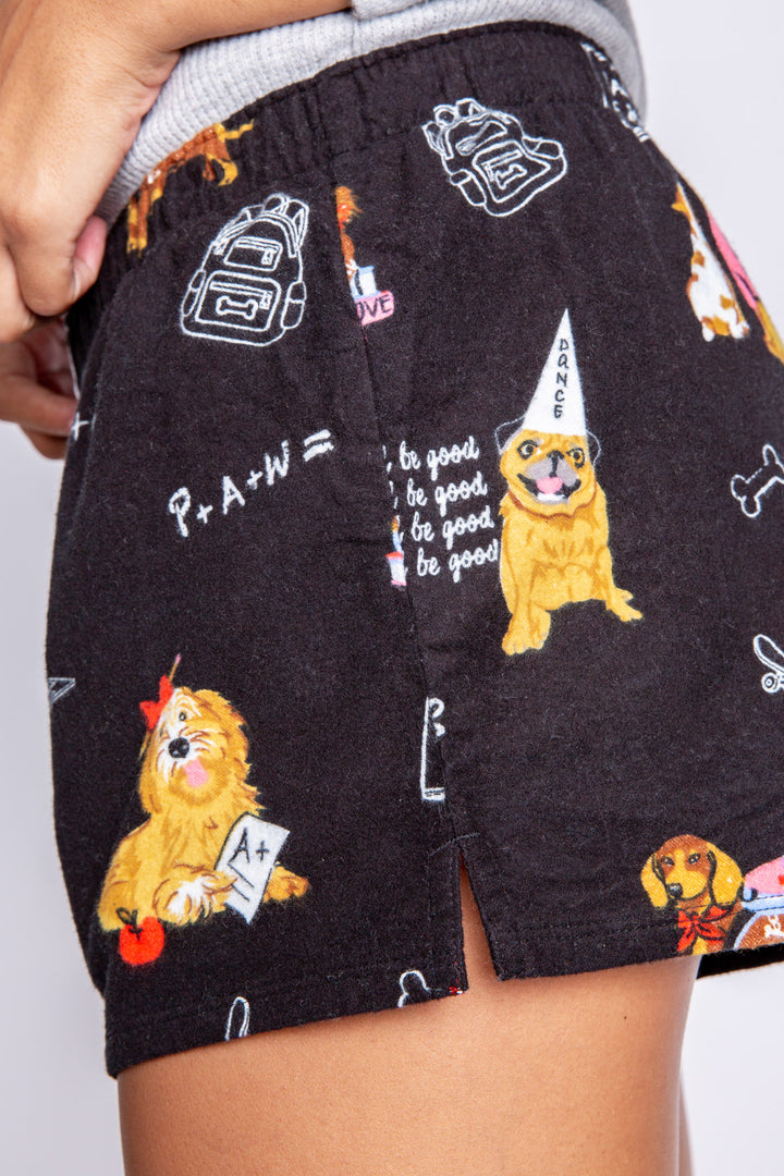 100% cotton flannel PJ shorts in black with dogs-at-school print & faux snaps. (6889066725476)