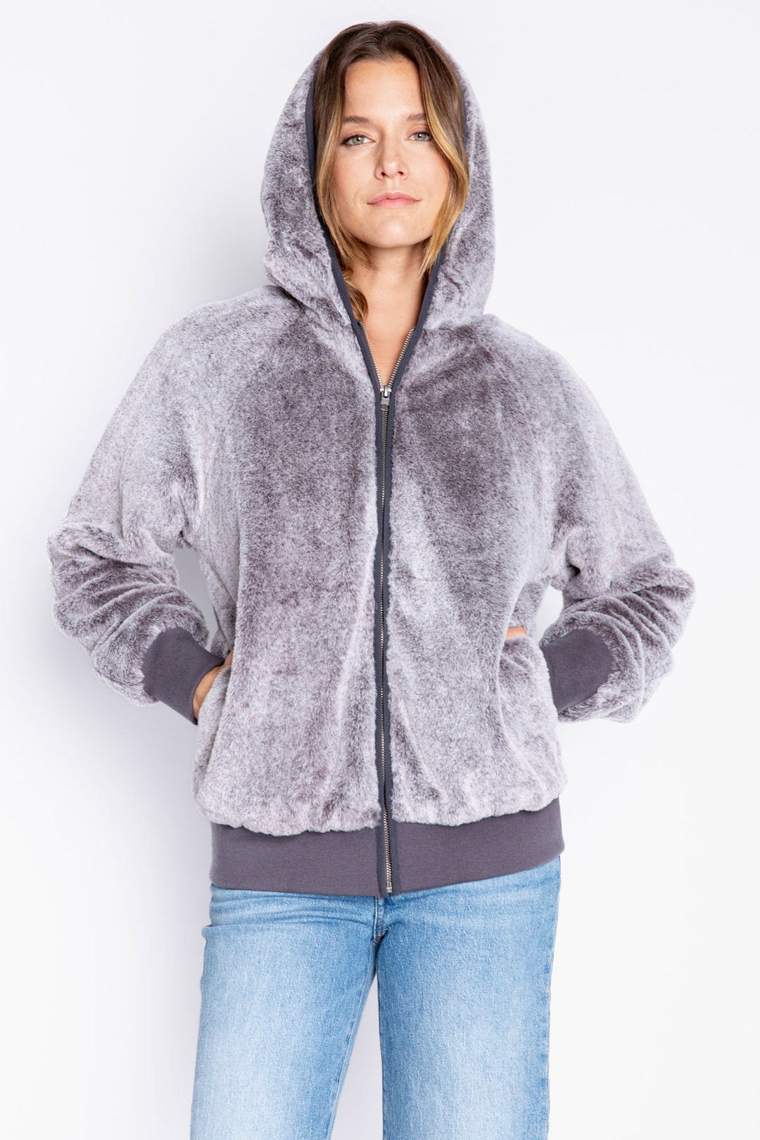 Charcoal grey faux fur zip-up jacket with hood. Printed inspirational message on inside lining. (6982897631332)