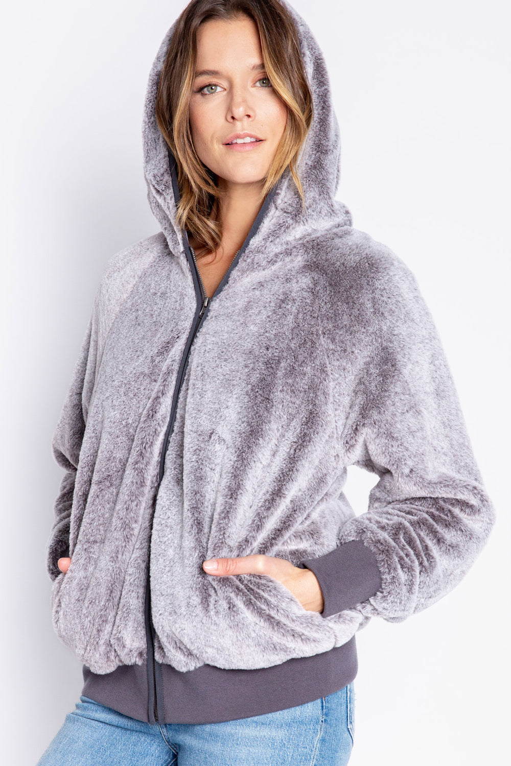 Charcoal grey faux fur zip-up jacket with hood. Printed inspirational message on inside lining. (6982897631332)