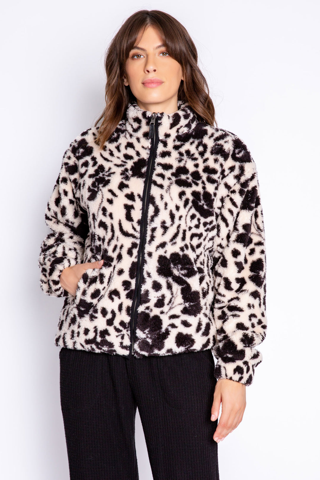 Plush zip-up jacket in tan with allover black floral-animal print. Has elastic cuffs & pockets. (6889072328804)