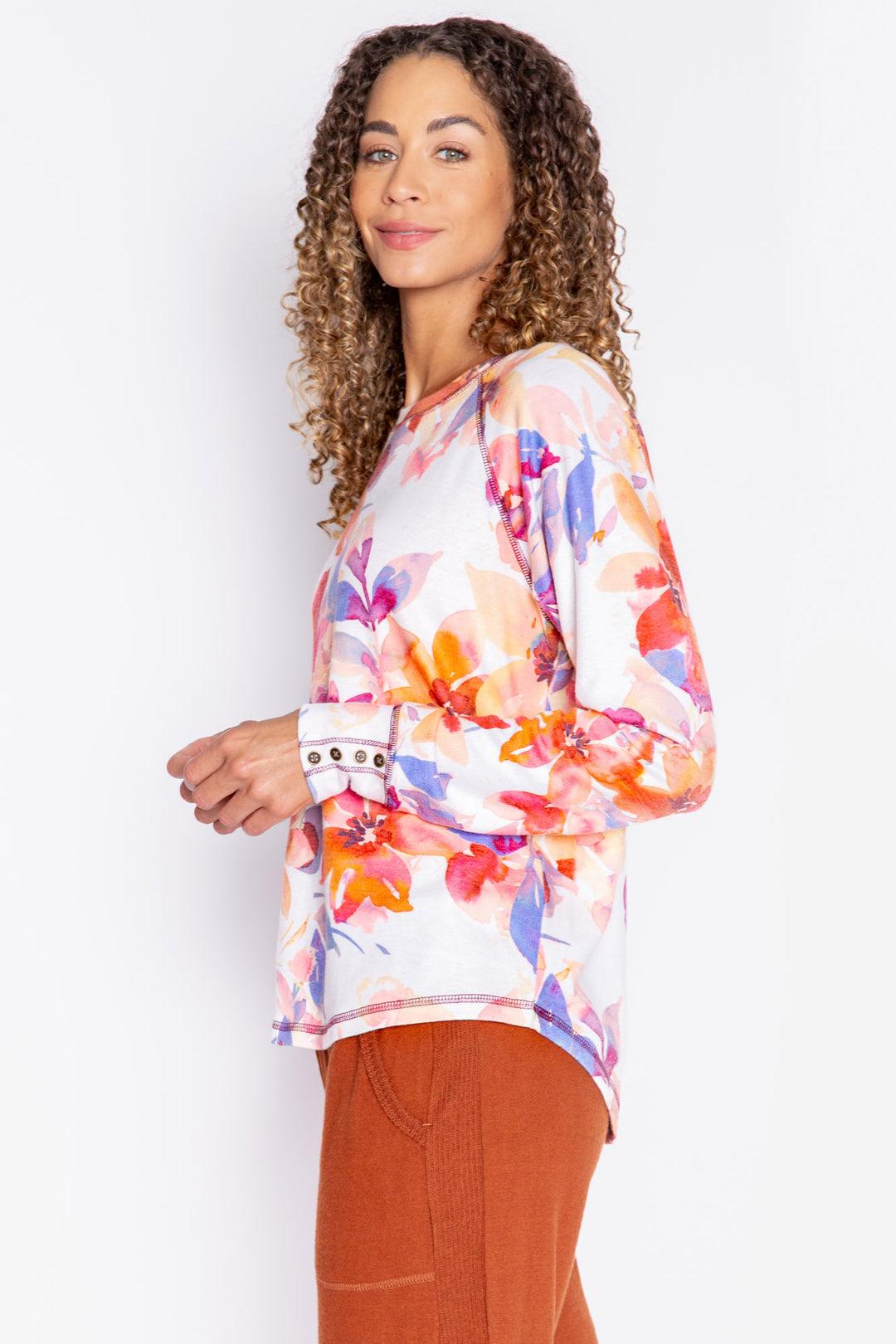 Long sleeve top with button cuffs, printed with autumn watercolor floral. Rounded hem. (6889073279076)