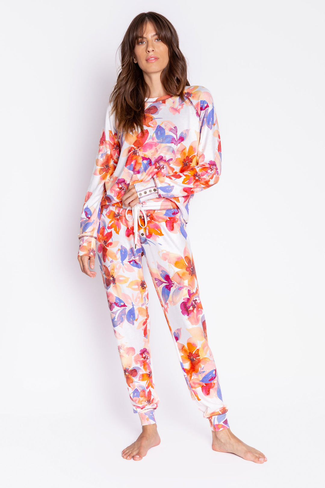 Long sleeve top with button cuffs, printed with autumn watercolor floral. Rounded hem. (6889073279076)