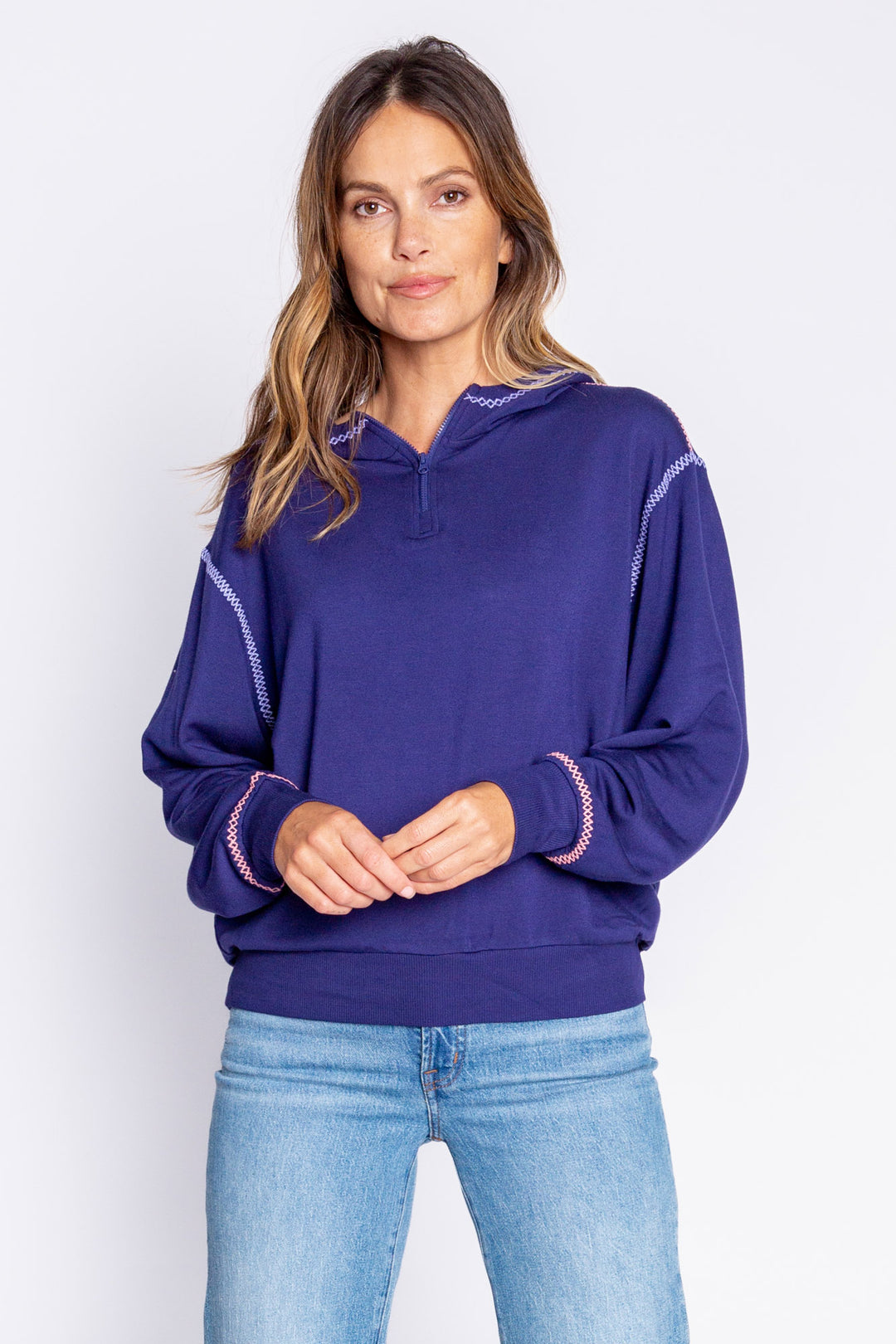 Navy 1/2 Zip Pullover hoody with contrast blue & rose zig zag stitching. (6889073541220)