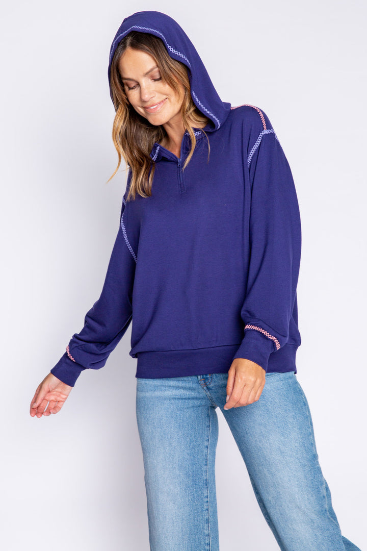 Navy 1/2 Zip Pullover hoody with contrast blue & rose zig zag stitching. (6889073541220)