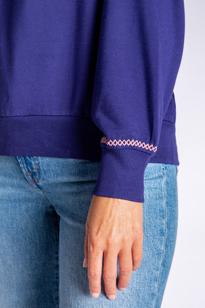 Navy 1/2 Zip Pullover hoody with contrast blue & rose zig zag stitching. (6889073541220)
