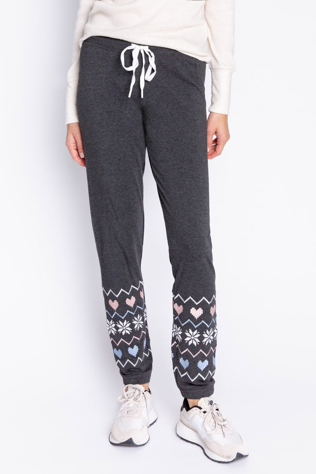 Slate grey fleece banded jogger pants with oversized fair isle graphic and adjustable tie waist. (6982899597412)