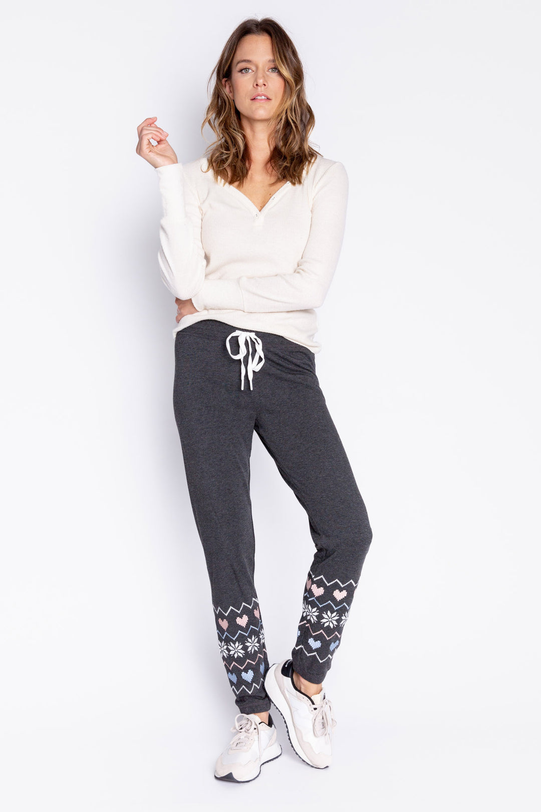 Slate grey fleece banded jogger pants with oversized fair isle graphic and adjustable tie waist. (6982899597412)