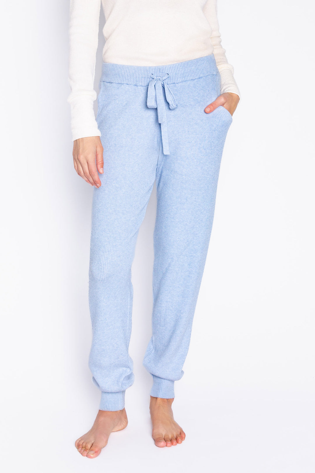 Light blue sweater knit banded jogger. Rib cuff & waistband. Tie waist. (6982900088932)