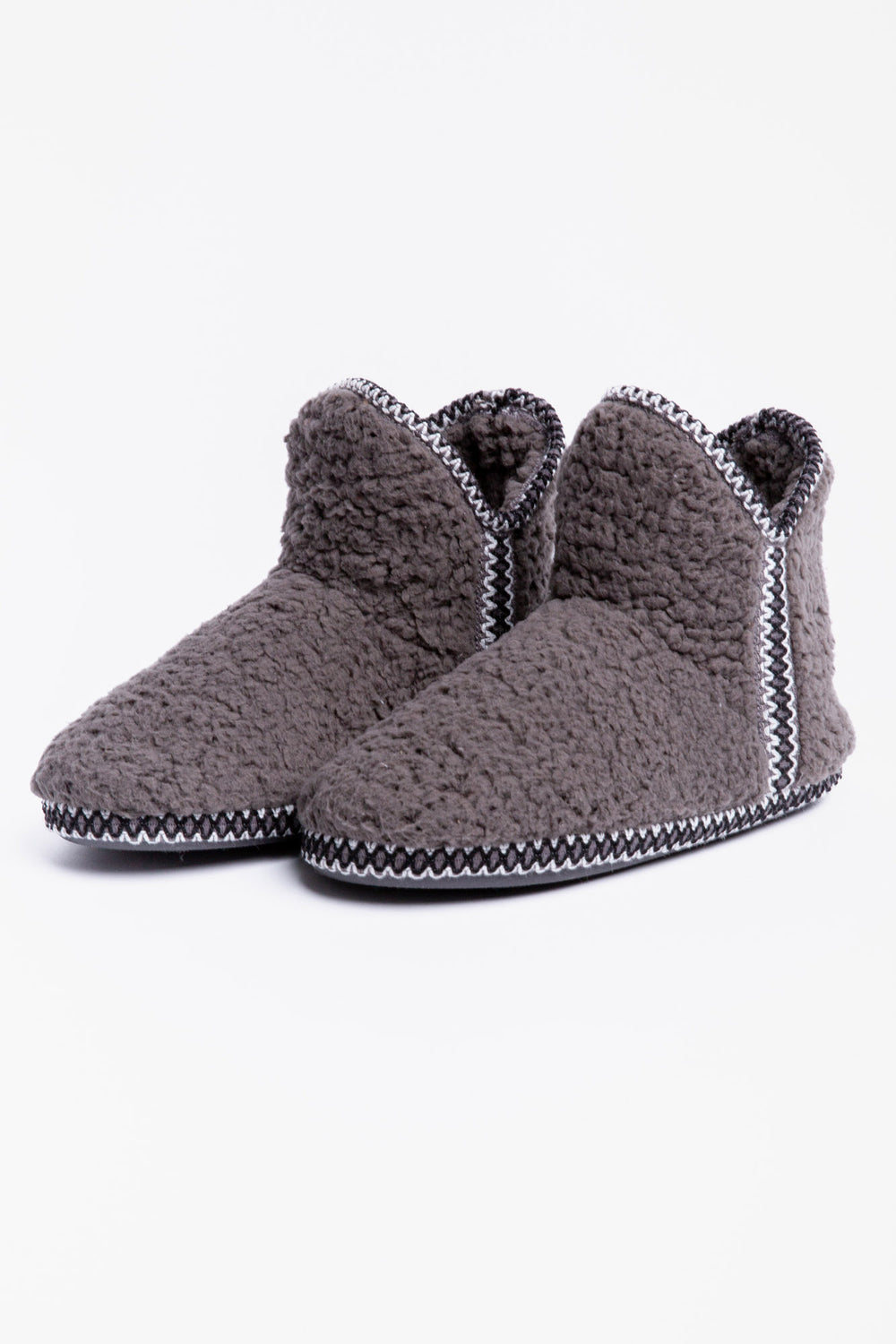 Cozy grey bootie in plush with faux shearling lining. Embroidered stars on back of boot. (6982901694564)