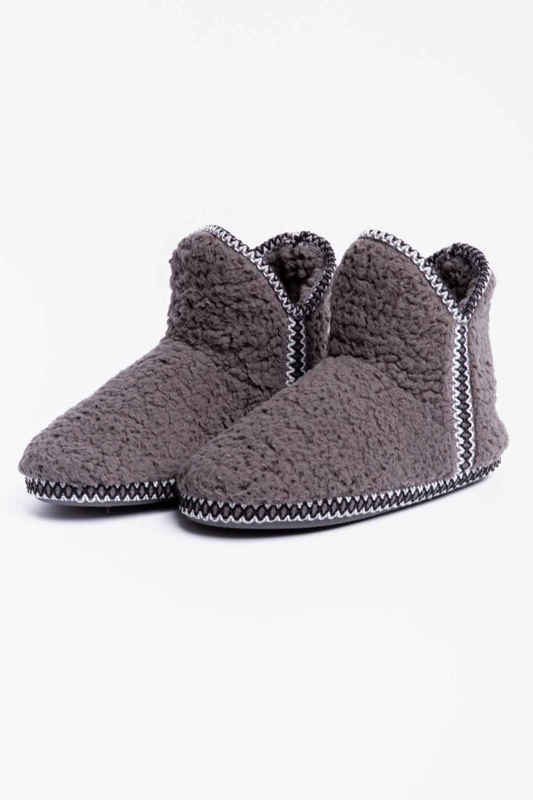 Cozy grey bootie in plush with faux shearling lining. Embroidered stars on back of boot. (6982901694564)