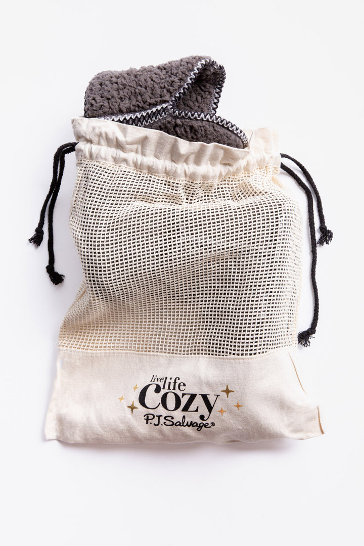 Cozy grey bootie in plush with faux shearling lining. Embroidered stars on back of boot. (6982901694564)