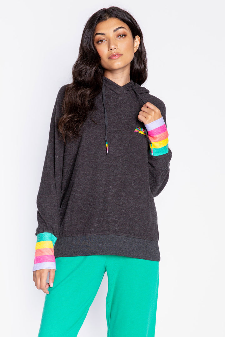 Pullover hoody in dark slate with multi-color striped cuffs & multi-sun embroidered chest. (6982905102436)