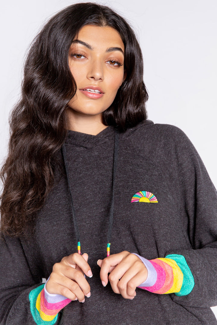 Pullover hoody in dark slate with multi-color striped cuffs & multi-sun embroidered chest. (6982905102436)
