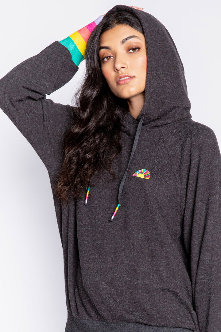 Pullover hoody in dark slate with multi-color striped cuffs & multi-sun embroidered chest. (6982905102436)
