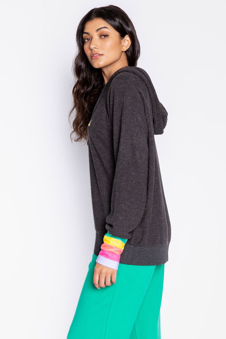 Pullover hoody in dark slate with multi-color striped cuffs & multi-sun embroidered chest. (6982905102436)