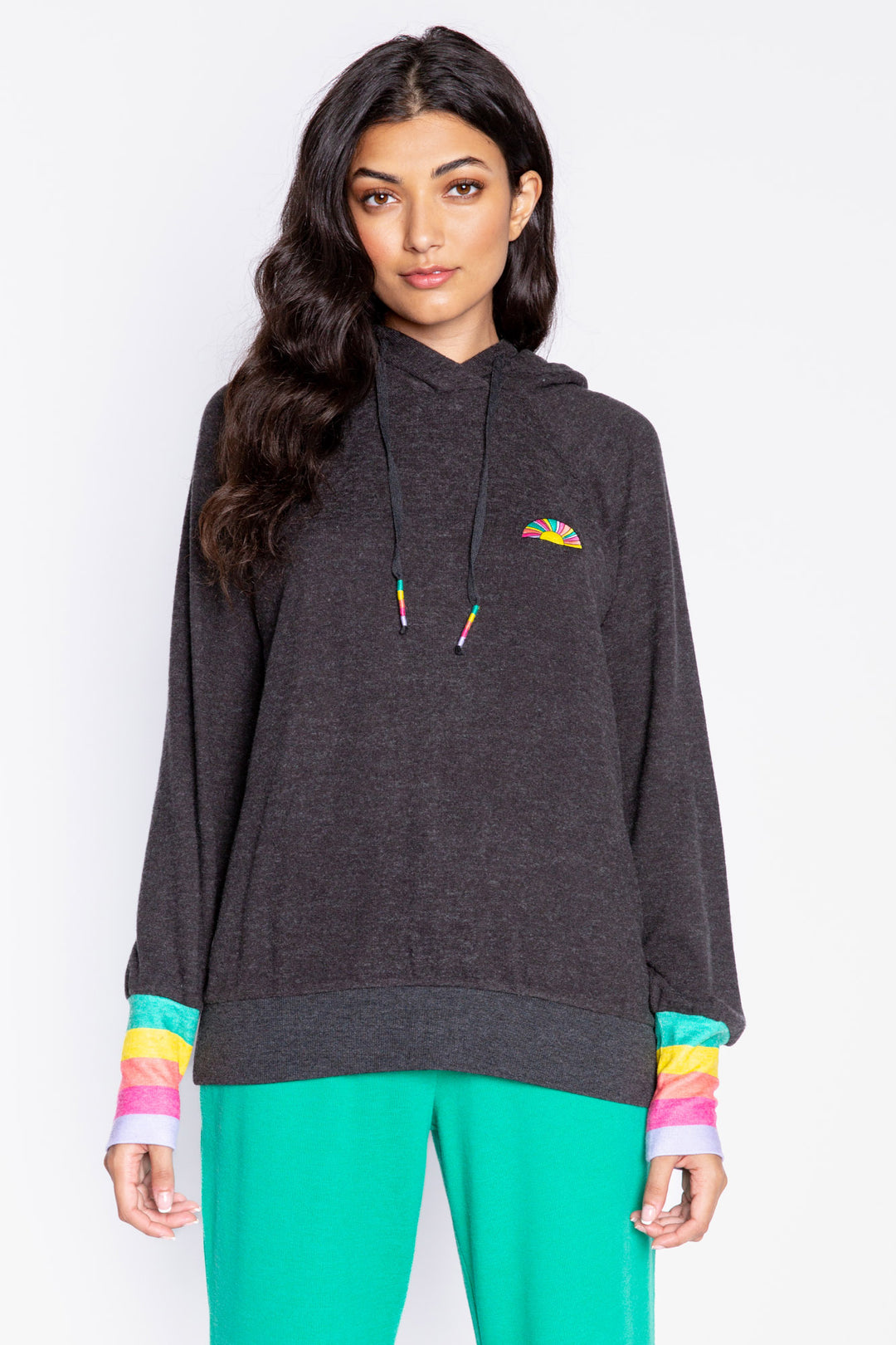 Pullover hoody in dark slate with multi-color striped cuffs & multi-sun embroidered chest. (6982905102436)