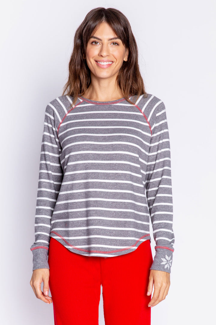 Grey-white candy cane striped pajama top with snowflake embroidery on sleeve cuff. Red stitching & round hem fit. (6982905823332)