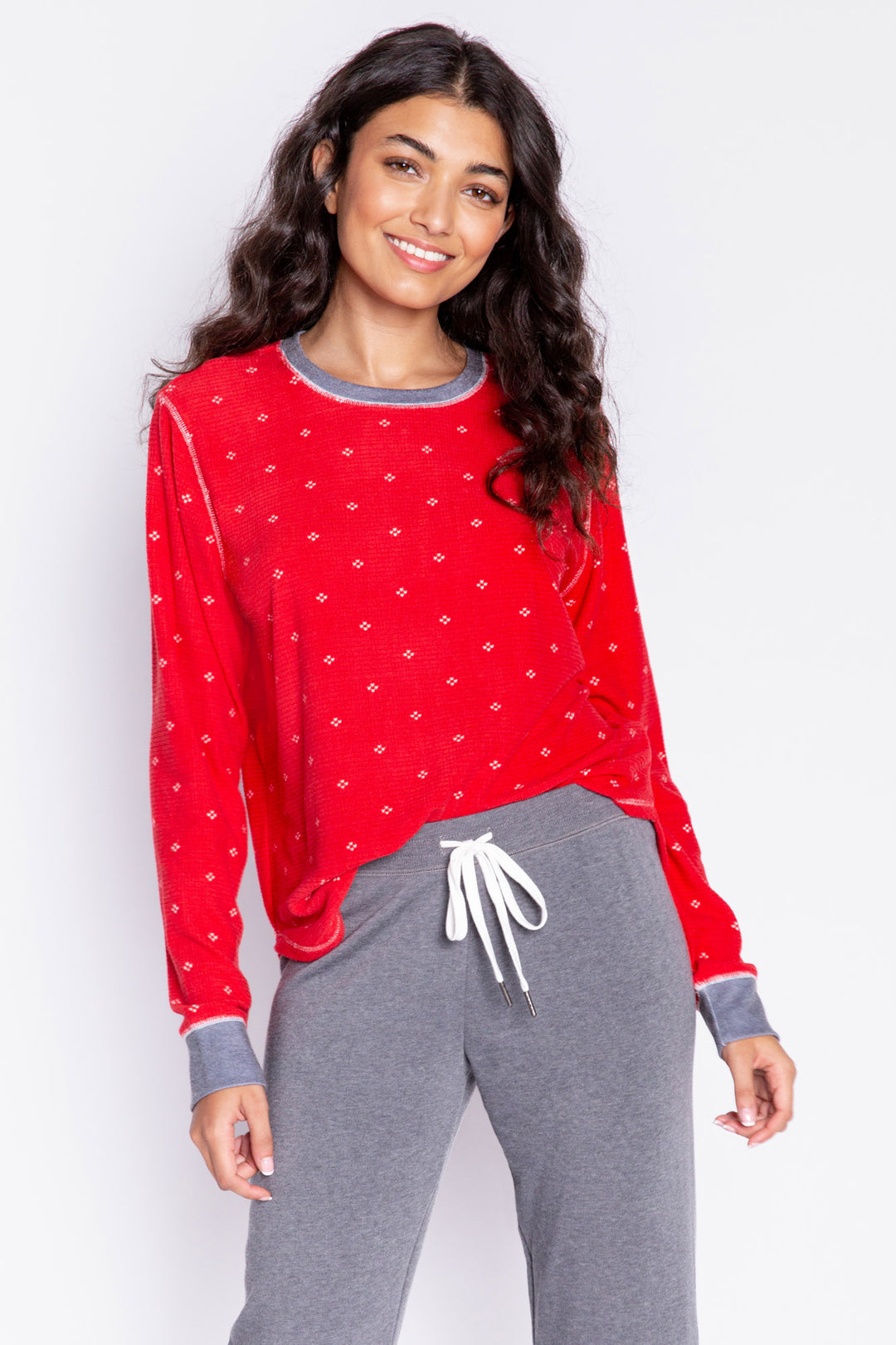 Thermal velour pajama top in deep red with mini ivory dot print. Banded sleeves and rounded hem. (6982905888868)