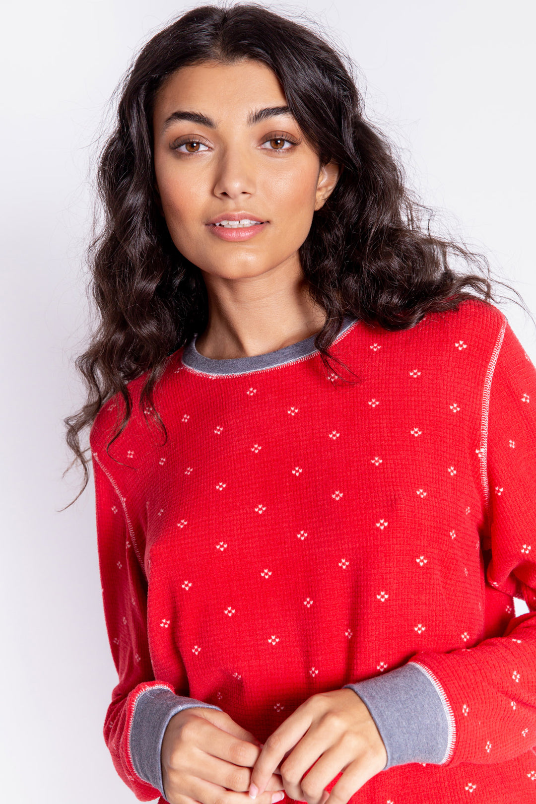 Thermal velour pajama top in deep red with mini ivory dot print. Banded sleeves and rounded hem. (6982905888868)