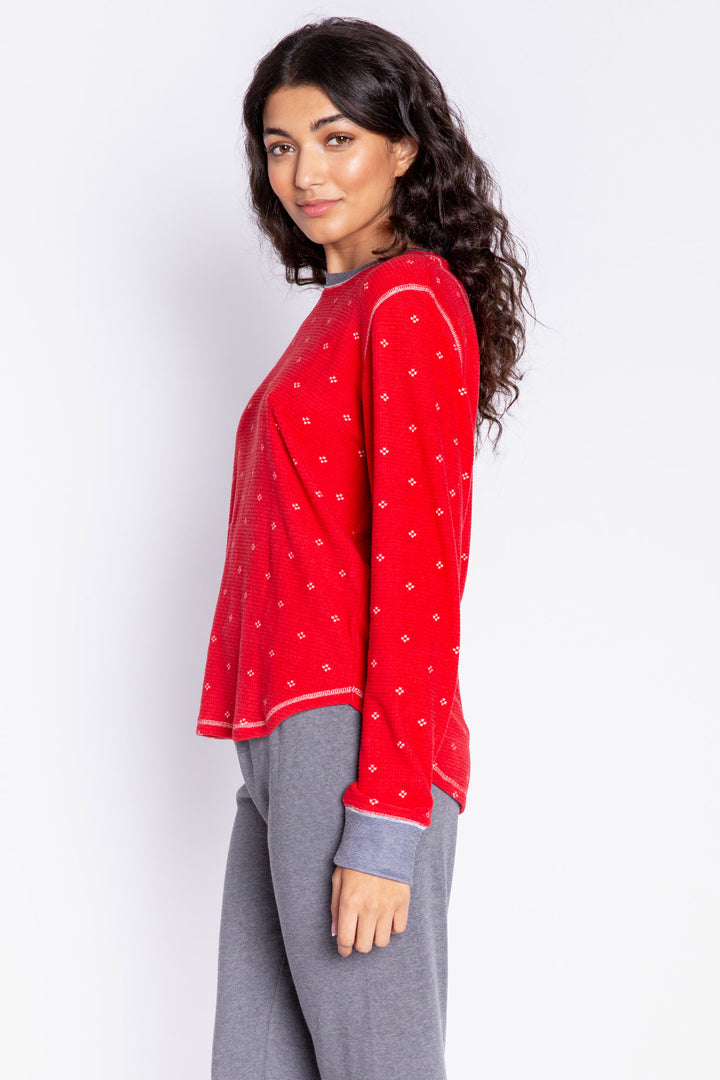Thermal velour pajama top in deep red with mini ivory dot print. Banded sleeves and rounded hem. (6982905888868)