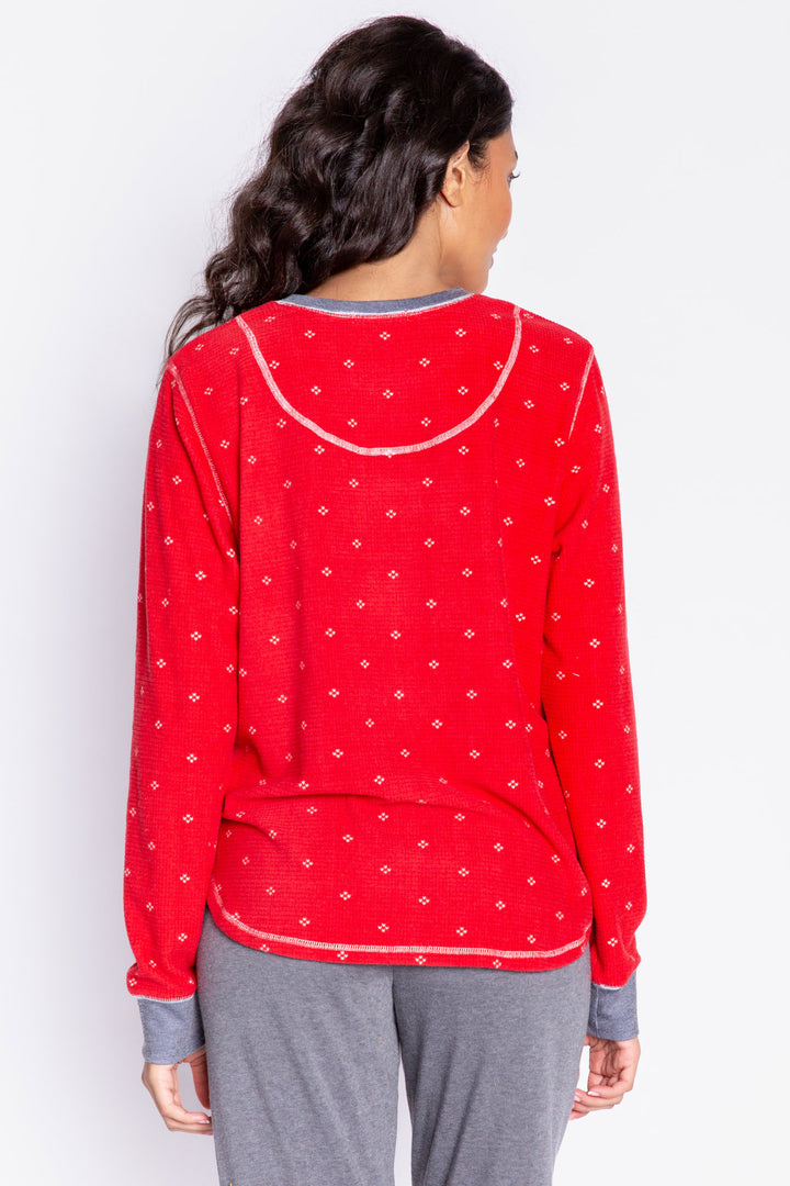 Thermal velour pajama top in deep red with mini ivory dot print. Banded sleeves and rounded hem. (6982905888868)