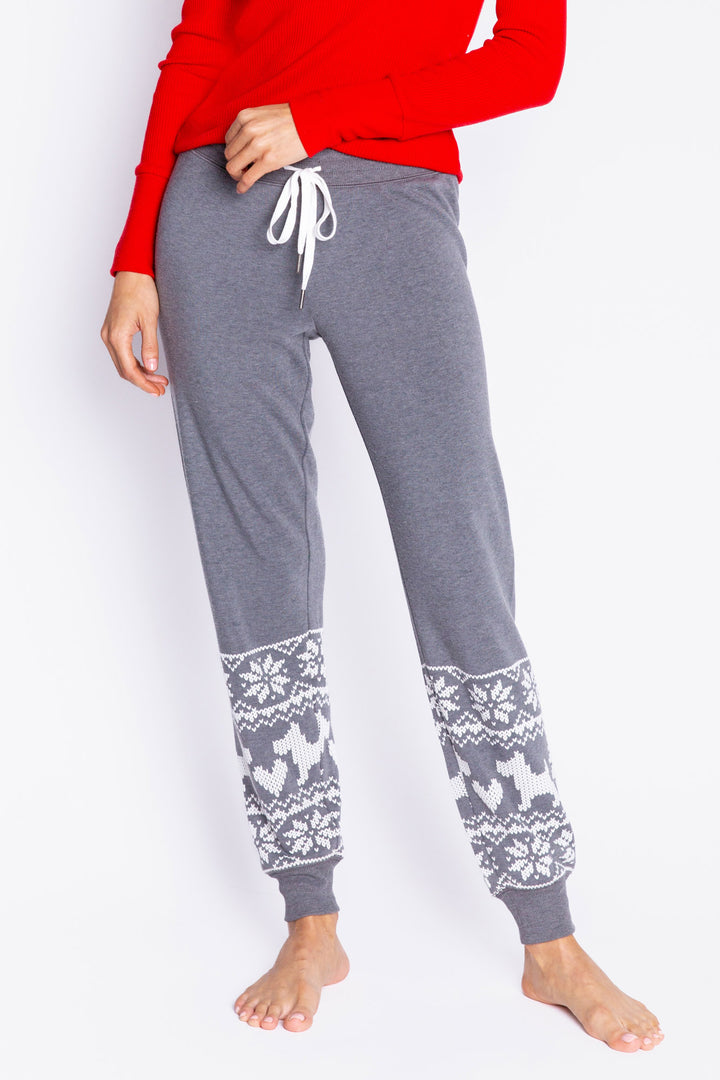 Soft fleece dark grey jogger pant with ivory printed fair isle-dog & heart graphic on lower leg. Banded cuffs. (6999665082468)