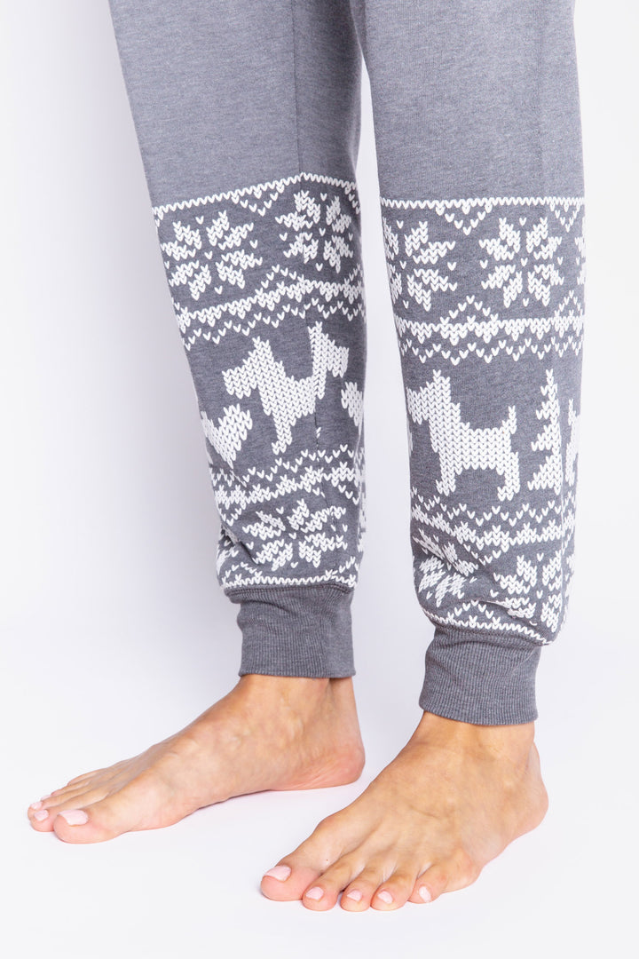 Soft fleece dark grey jogger pant with ivory printed fair isle-dog & heart graphic on lower leg. Banded cuffs. (6999665082468)