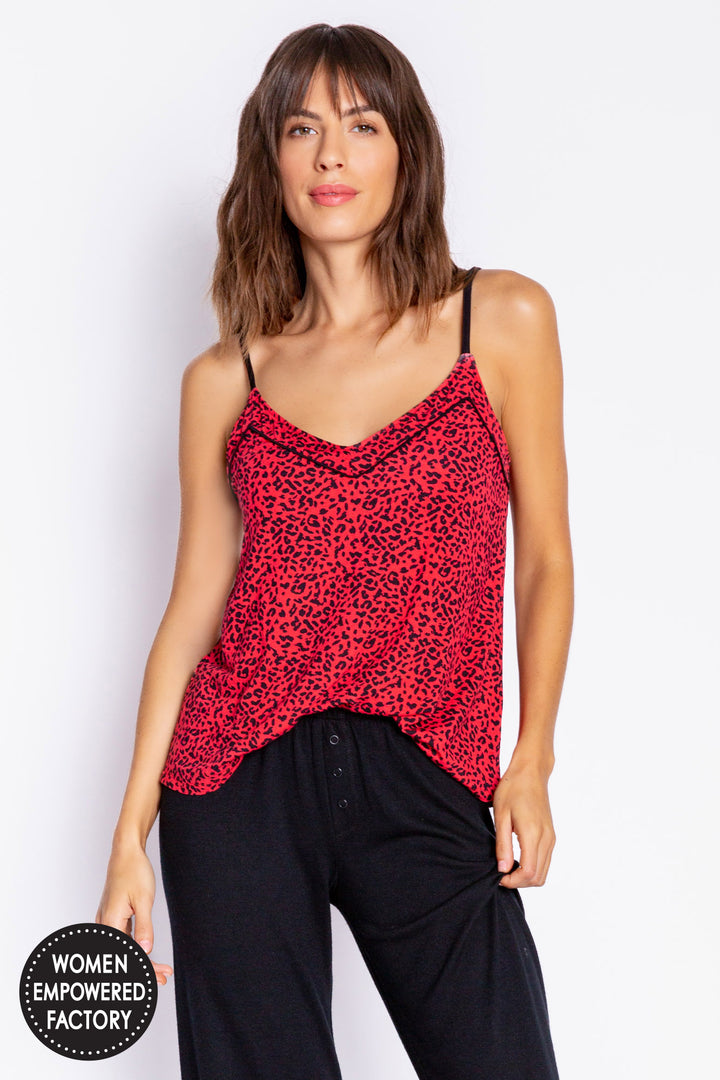 Camisole top in smooth modal, printed in red-black leopard. Straps adjust & shelf bra. (6982908772452)