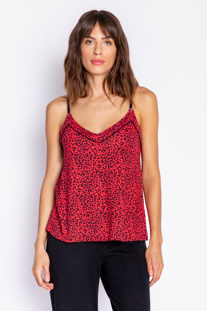 Camisole top in smooth modal, printed in red-black leopard. Straps adjust & shelf bra. (6982908772452)