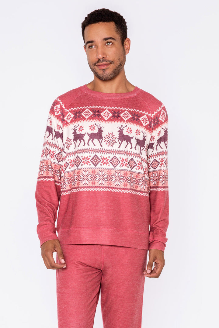 Men's dark red fair isle print lounge top. Ivory chest print snowflake & reindeer. Banded bottom. (6982909263972)