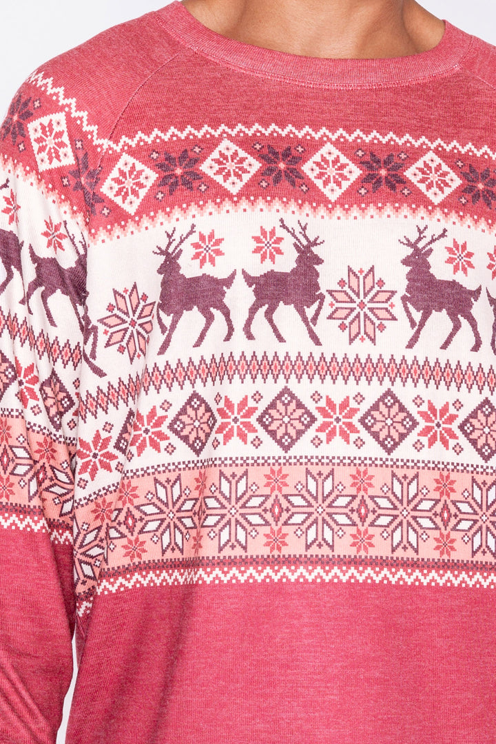 Men's dark red fair isle print lounge top. Ivory chest print snowflake & reindeer. Banded bottom. (6982909263972)