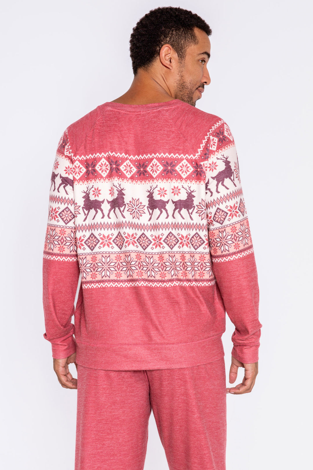 Men's dark red fair isle print lounge top. Ivory chest print snowflake & reindeer. Banded bottom. (6982909263972)