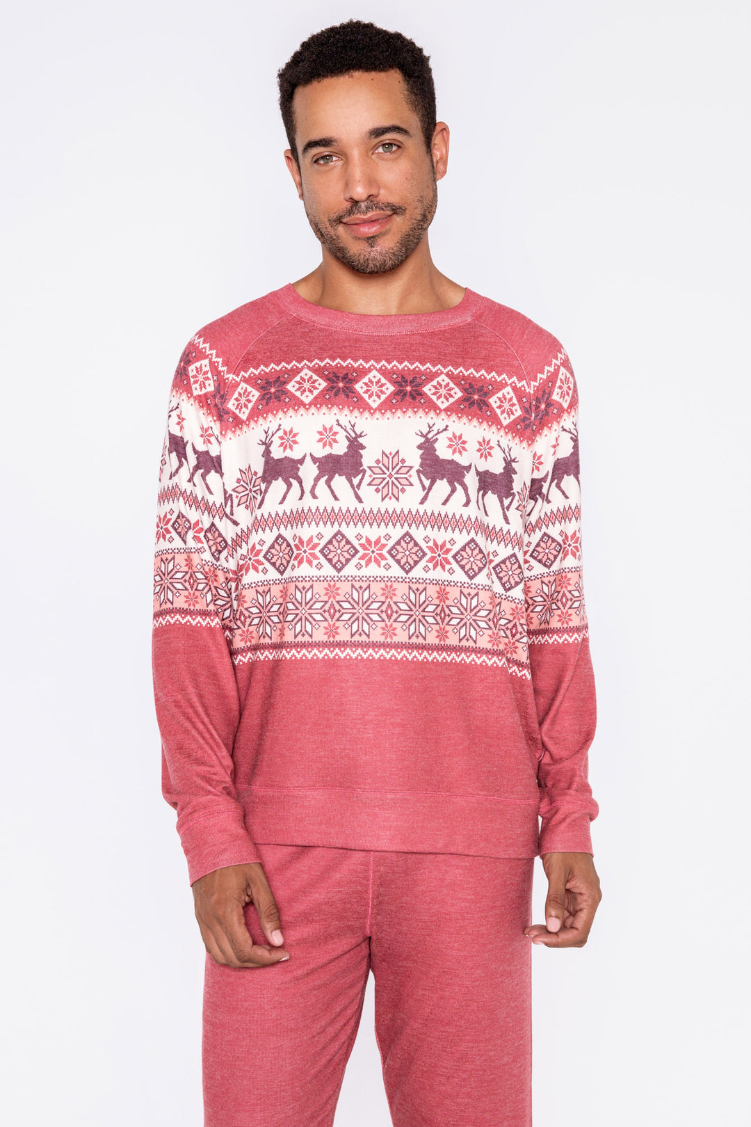 Men's dark red fair isle print lounge top. Ivory chest print snowflake & reindeer. Banded bottom. (6982909263972)