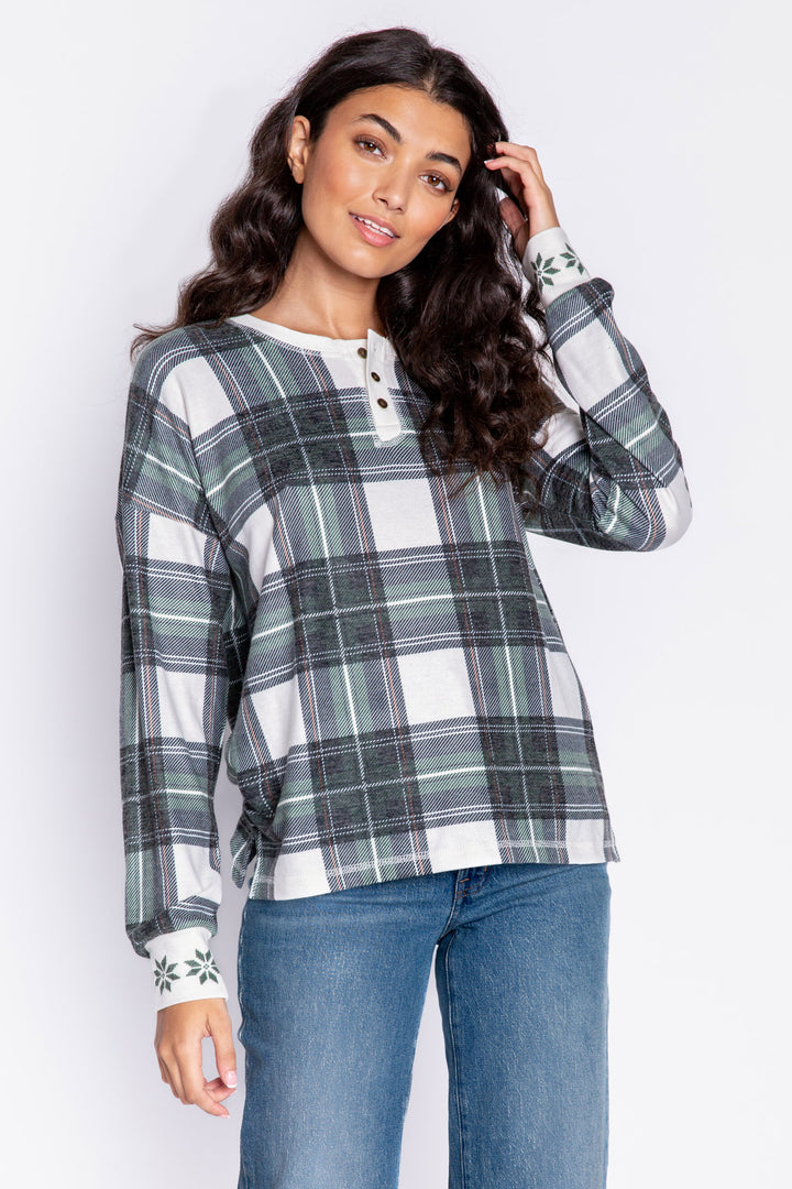 Green-ivory plaid Henley pajama top. 3-button neck, with a relaxed fit & open hem. (6982910214244)