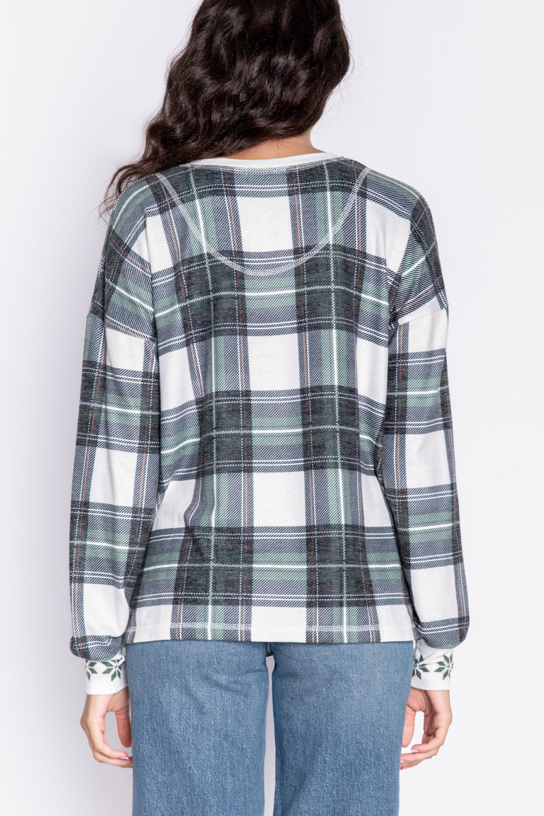 Green-ivory plaid Henley pajama top. 3-button neck, with a relaxed fit & open hem. (6982910214244)