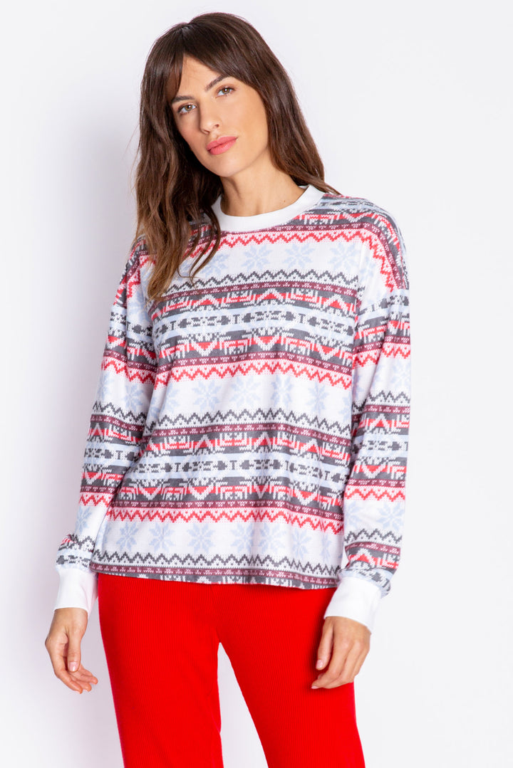 Pullover top in ivory high-pile fleece with multi grey-red-ice blue fair isle print. Relaxed fit with open bottom. (6982912082020)