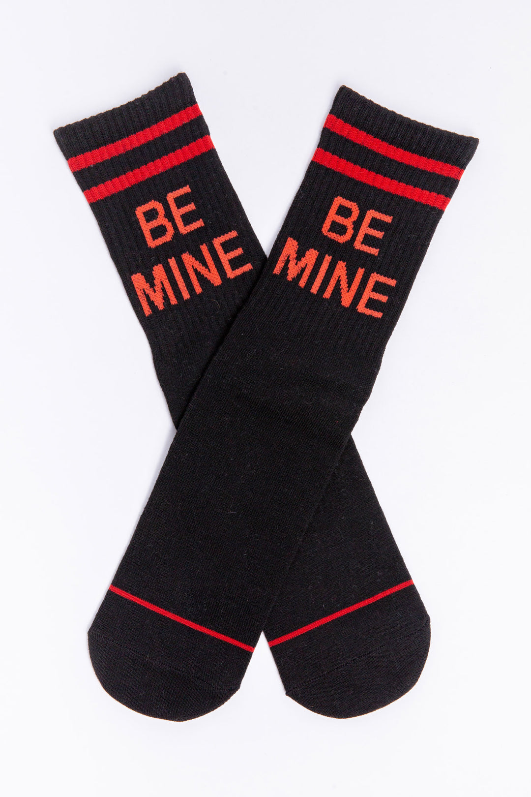 Ribbed black socks with muti-color stripes at ankle & "be mine" lettering. Non-gripper soles to wear with shoes. (7068577333348)