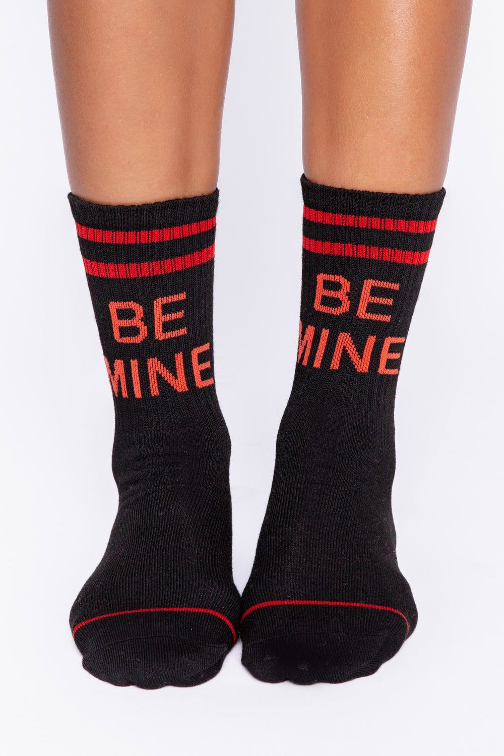 Ribbed black socks with muti-color stripes at ankle & "be mine" lettering. Non-gripper soles to wear with shoes. (7068577333348)