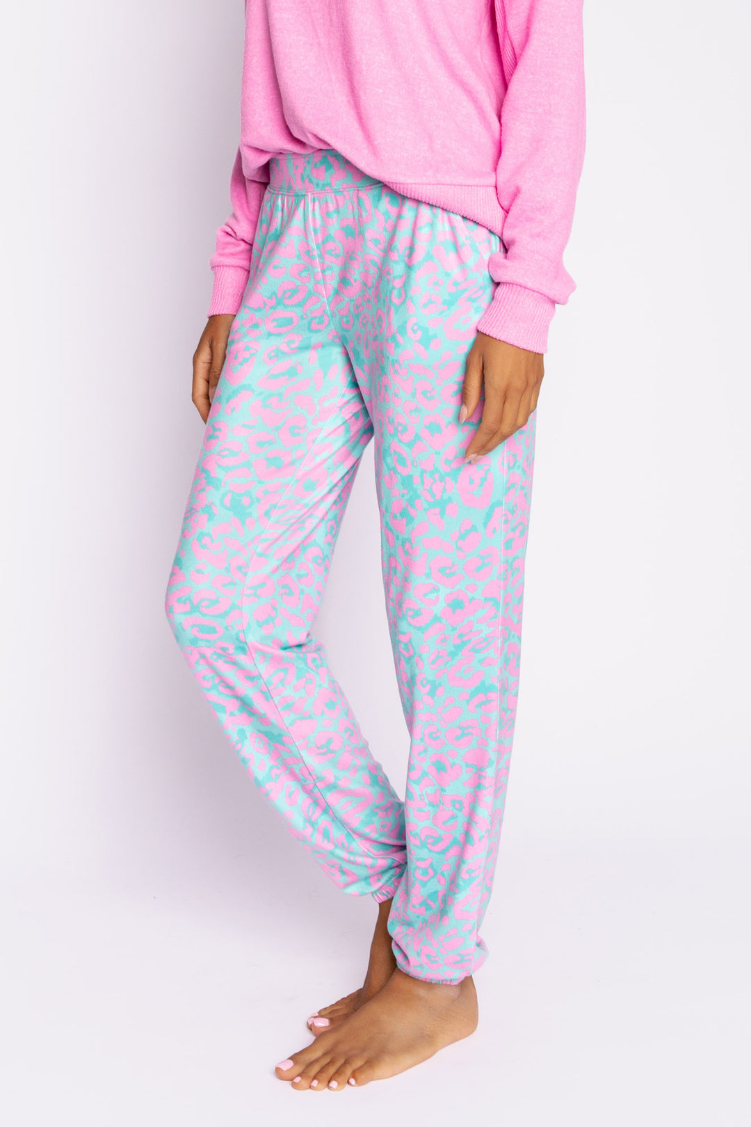 Pajama pant in aqua-pink leopard print with side pockets. Butter jersey pj pant with banded cuffs. (7068581429348)