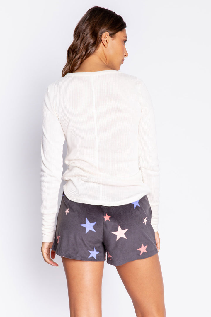 Grey velour sleep short with multi-color star print. Tipped drawcord on tie-waist. (7068594110564)