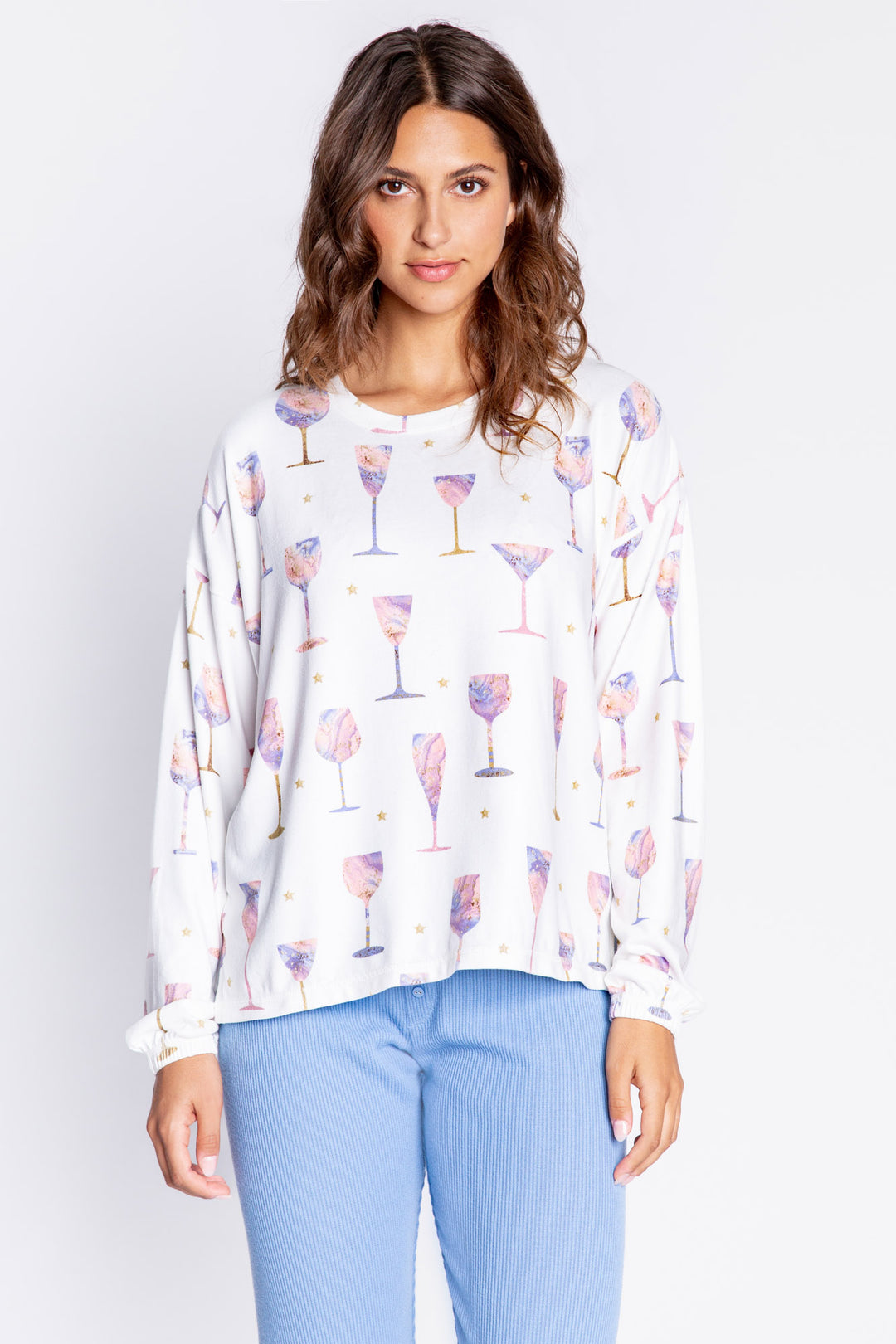 Ivory wine-print jammie top in butter jersey knit. Wine glass pattern in lilac-rose-gold. Button top & straight pj pant. (7068596404324)