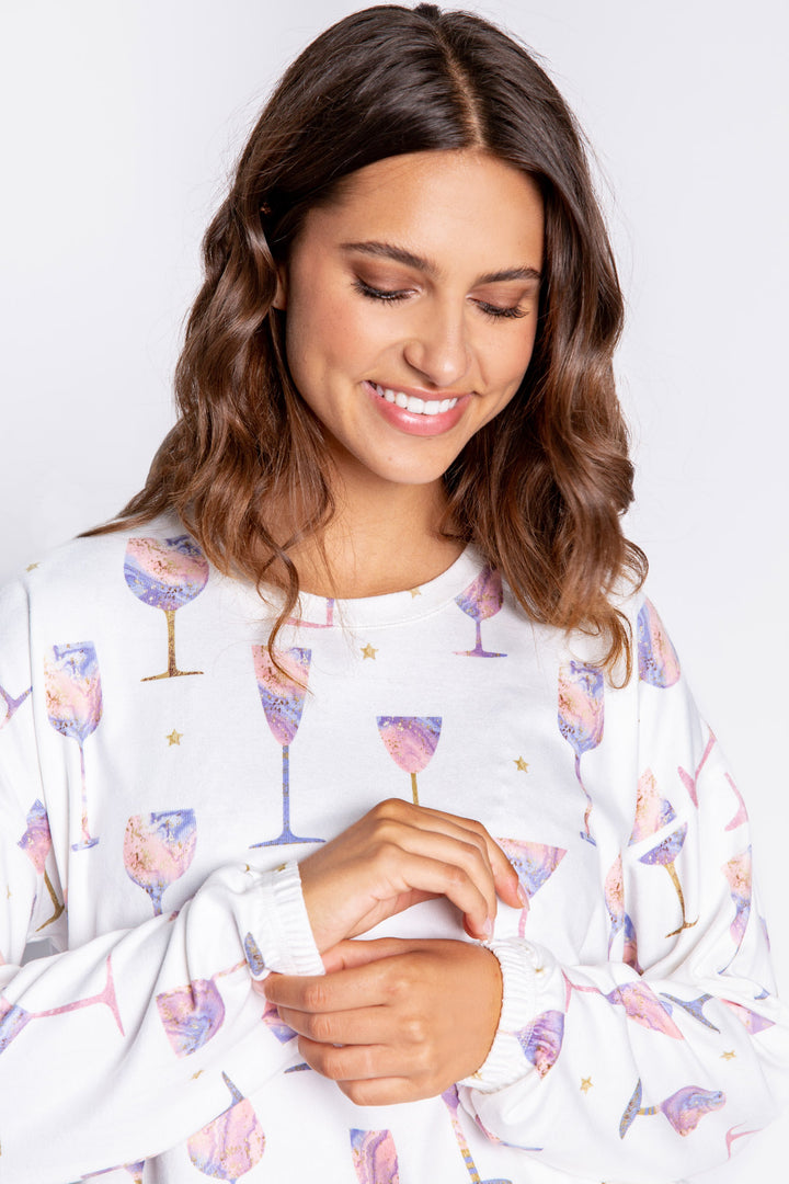 Ivory wine-print jammie top in butter jersey knit. Wine glass pattern in lilac-rose-gold. Button top & straight pj pant. (7068596404324)