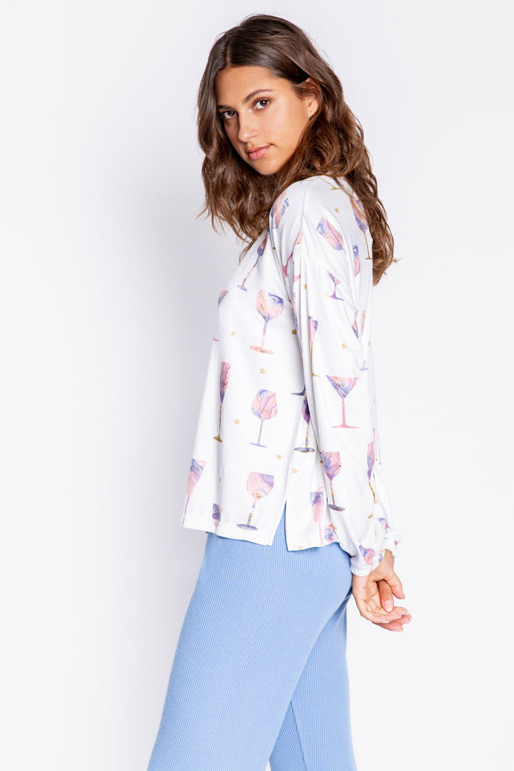 Ivory wine-print jammie top in butter jersey knit. Wine glass pattern in lilac-rose-gold. Button top & straight pj pant. (7068596404324)