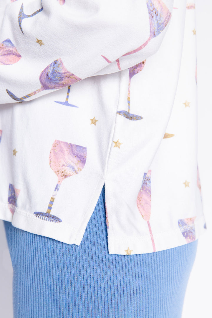 Ivory wine-print jammie top in butter jersey knit. Wine glass pattern in lilac-rose-gold. Button top & straight pj pant. (7068596404324)
