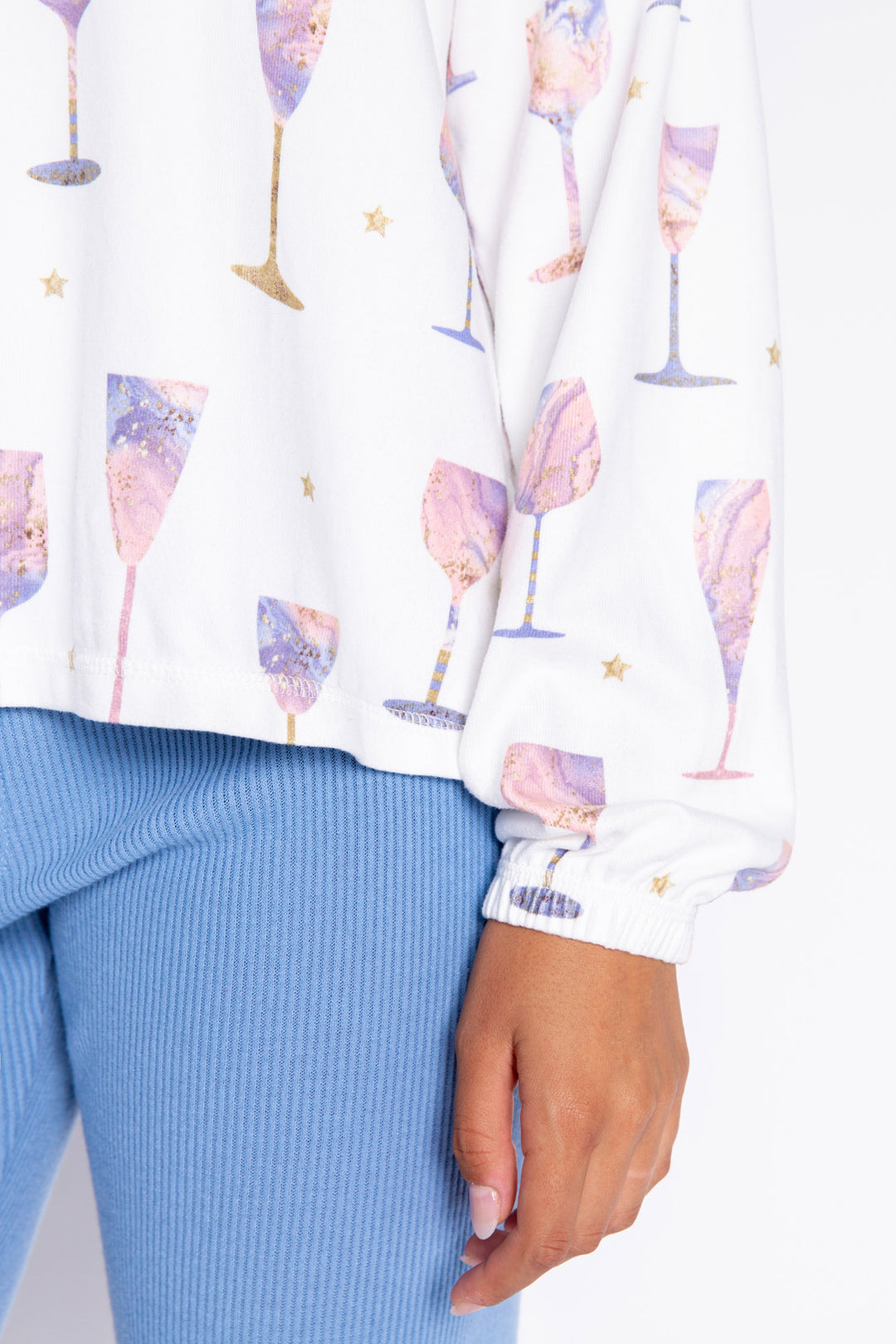 Ivory wine-print jammie top in butter jersey knit. Wine glass pattern in lilac-rose-gold. Button top & straight pj pant. (7068596404324)