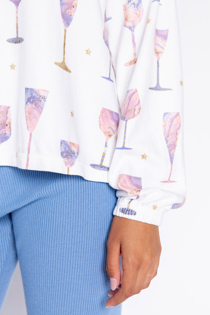 Ivory wine-print jammie top in butter jersey knit. Wine glass pattern in lilac-rose-gold. Button top & straight pj pant. (7068596404324)